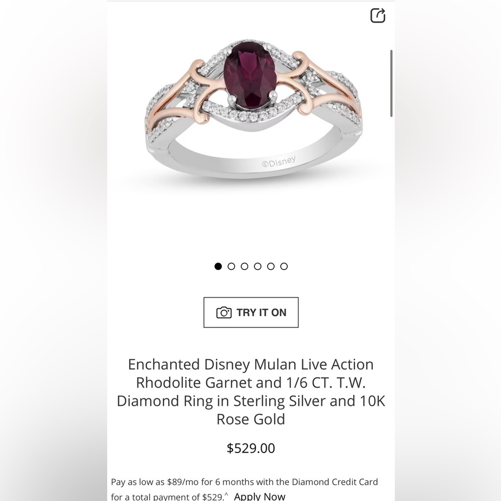 Zales Disney enchanted mulan diamond/ gemstone ring. Silver and rose gold